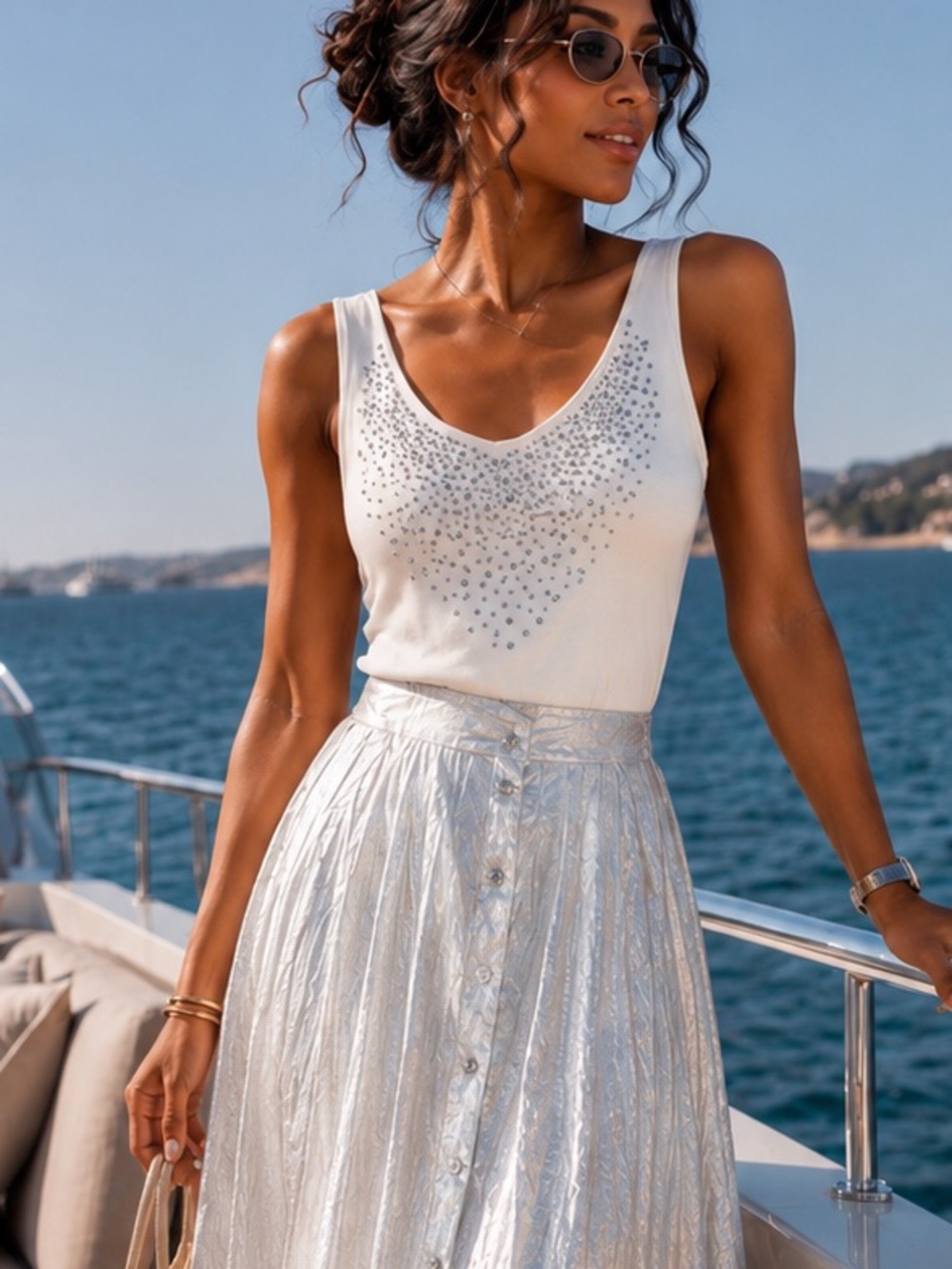 Cache embellished silver studs  Top - white